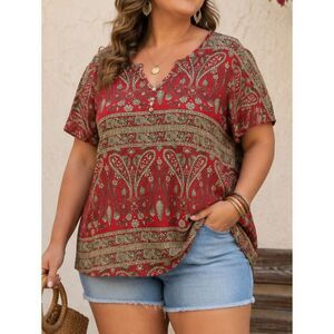 Tralilbee 3X Red Paisley Boho Tunic Top Flutter Sleeve Stretch Blouse